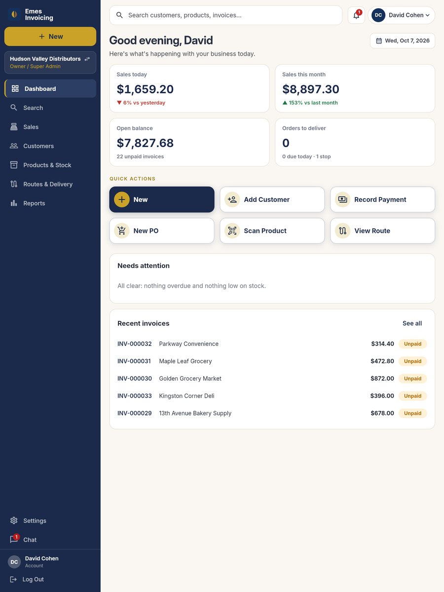Emes Invoicing on an iPad: the dashboard with today's sales, open balance, quick actions and recent invoices