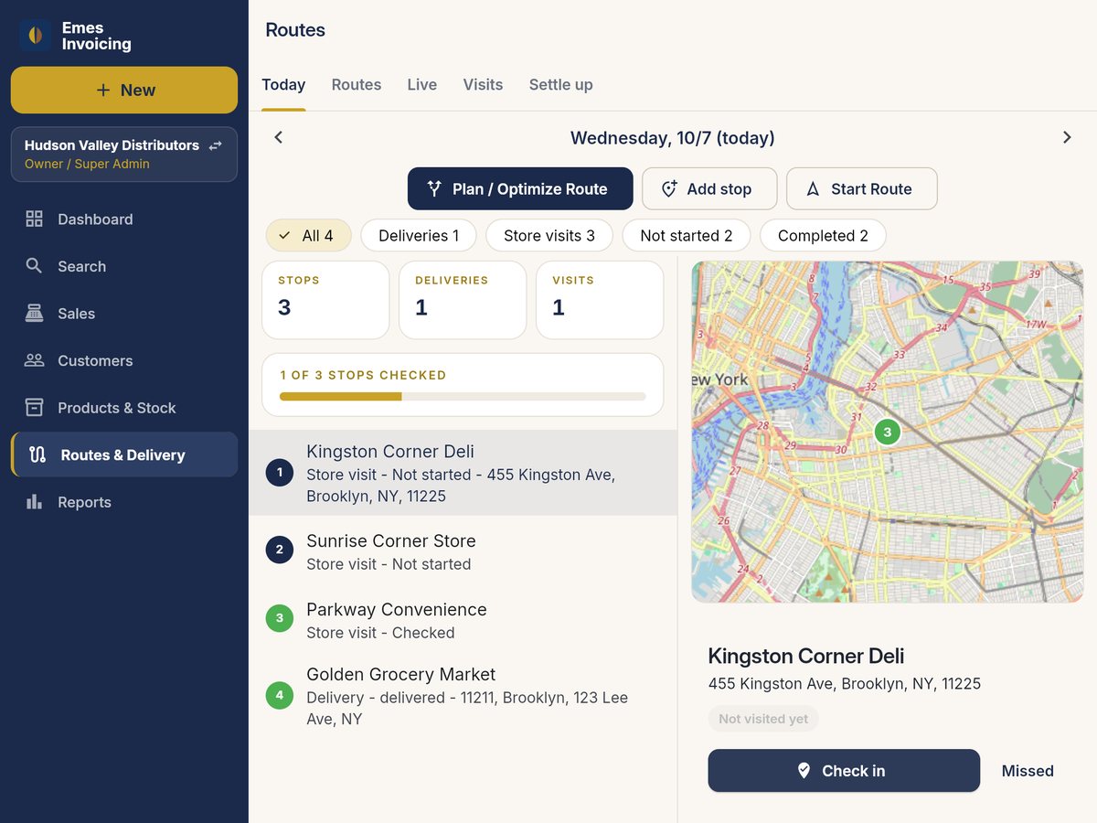 Today's route on an iPad: stops on a map, store visits and deliveries with check-in